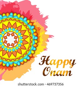 Beautiful card,banner or poster of a colorful rangoli or pookalam for Onam celebration.