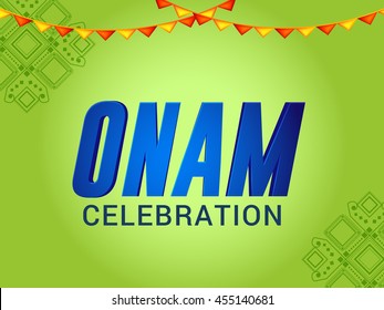 Beautiful card,banner or poster  of a colourful Kathakali face with heavy crown decorated with pearls and stone on grungy colourful background for Onam celebration.