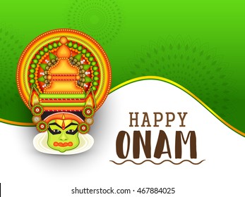 Beautiful card,banner or poster of a colourful Kathakali face with heavy crown decorated with pearls and stone on grungy colourful background for Onam celebration.