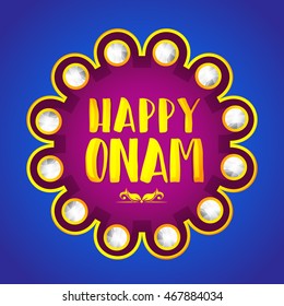 Beautiful card,banner or poster of a colourful Kathakali face with heavy crown decorated with pearls and stone on grungy colourful background for Onam celebration.