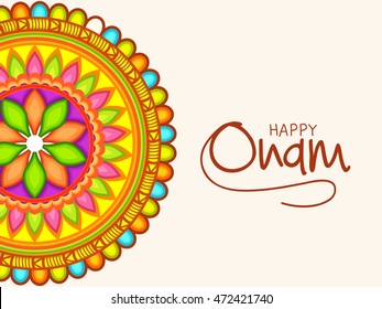 Beautiful card,banner or poster of a colourful rangoli or pookalam for Onam celebration.