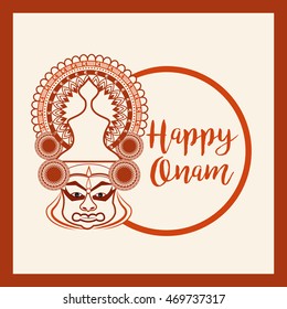 Beautiful card,banner or poster of a Katha Kali face with heavy crown decorated on grungy background for Onam celebration.