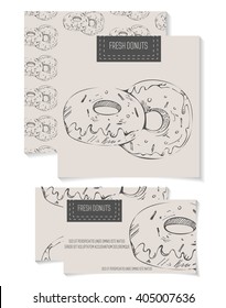 Beautiful cards with hand drawn donuts . Business cards for cafes, pastry shops and bakeries. Vintage card for decoration and menu
