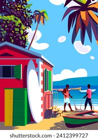 Beautiful caribbean landscape with bungalow, beach, fishermen, fishing boats, island and the sea in the background. Handmade drawing vector illustration. Retro style poster.