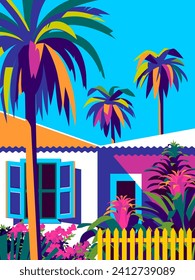 Beautiful caribbean landscape with bungalows, palms, and flower garden in the background. Handmade drawing vector illustration. Caribbean style poster.