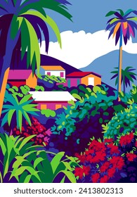 Beautiful caribbean landscape with bungalows, palms, flower gardens and mountains in the background. Handmade drawing vector illustration. Caribbean style poster.