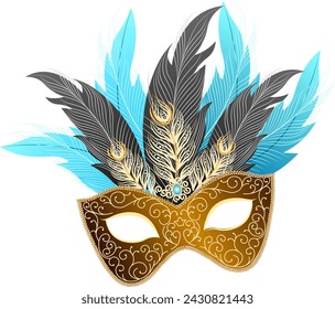 Beautiful carnival mask with feathers and patterns isolated on transparent background suitable for advertising carnival holidays Vector