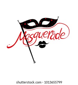 Beautiful carnival mask with red hearts black lips and the inscription Masquerade. Logo design for the party. Vector template.

