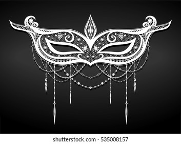 Beautiful carnival mask. Vector isolated illustration. Victorian and elegant carnival mask with lace and beads. Black and white.