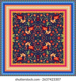 A beautiful carpet with fairy-tale birds among flowers, berries and leaves on a dark blue background and a bright decorative frame of ornamental stripes.