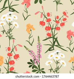 Beautiful carpet of garden flowers on a beige background. Seamless vector illustration. For textile decoration, packaging, web design.