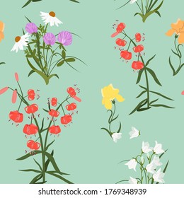 Beautiful carpet of garden flowers on a green background. Seamless vector illustration. For textile decoration, packaging, web design.