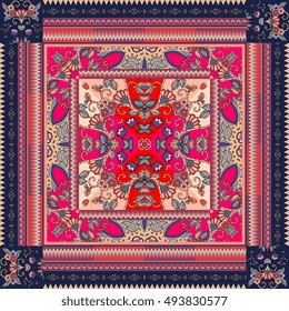 Beautiful carpet, lovely tablecloth with birds, hearts, flowers and ornamental border. Beautiful ethnic vector pattern. Card, bandana print, kerchief design, napkin. Valentine's day.