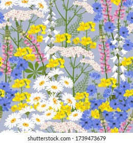 Beautiful carpet of wildflowers. Seamless vector illustration. For textile decoration, packaging, web design.