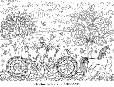 beautiful carriage in fantasy landscape for your coloring book