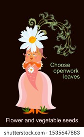 Beautiful carrot in dress with hat - flower. Design template for seeds package.