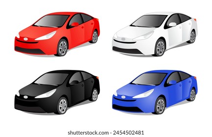 Beautiful cars in red, white, black and blue colors. Set of isolated vector illustrations