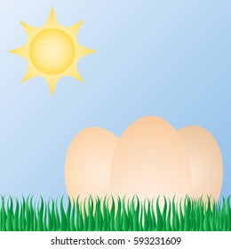 beautiful cartoon background for the Easter cards. The eggs in the grass against the sky