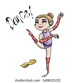 A beautiful cartoon ballerina girl is dancing. White background.. Vector illustration of cute blonde girl in ballet pose.