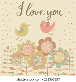Beautiful cartoon birds on flowers in vector. Stylish floral card. Summer background in bright colors.