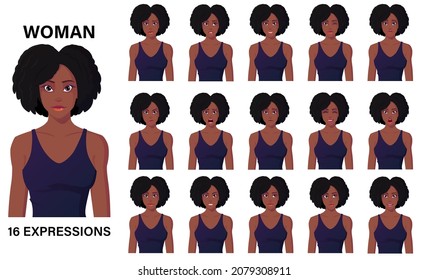 Beautiful Cartoon Black Woman Character In Dress 16 Emotions And Facial Expressions Premium Vector