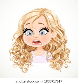 Beautiful Cartoon Blond Girl With Magnificent Curly Hair Fear Emotion Portrait Isolated On White Background