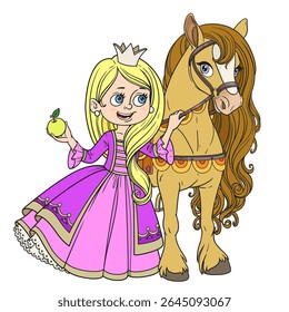 Beautiful cartoon blond princess in lush ball dress feed brown horse an apple on white background