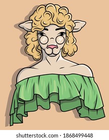 Beautiful cartoon blonde sheep with glasses and a turquoise dress.