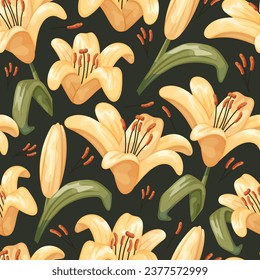 Beautiful cartoon blooming lily bud. Vector seamless pattern, flower with stem and leaves.