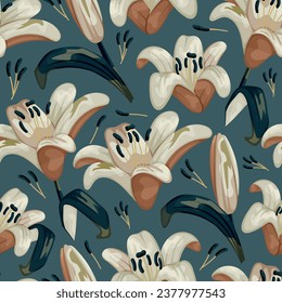 Beautiful cartoon blooming lily bud. Vector seamless pattern, flower with stem and leaves.