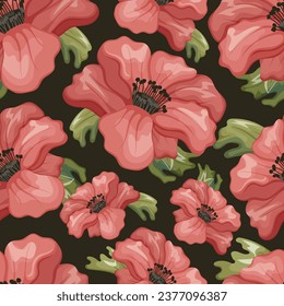 Beautiful cartoon blooming red Anemone flower. Vector seamless pattern, Natural plant on a stem, bud with petals.