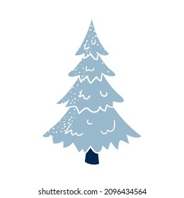 Schöner Karikaturenblauer Kiefernbaum. Winterwald-Symbol. Handgezeichnetes Weihnachtsdekorationsdesign-Element. Vektorgrafik einzeln auf Weiß.
