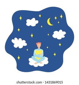 Beautiful cartoon boy character sitting on the cloud with pillow in the night sky. Life is better in pajamas. Pajama party poster. Invitation for slumber party. Vector illustration in modern style.