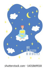 Beautiful cartoon boy character sitting on the cloud with pillow in the night sky. Life is better in pajamas. Pajama party poster. Invitation for slumber party. Vector illustration in modern style.