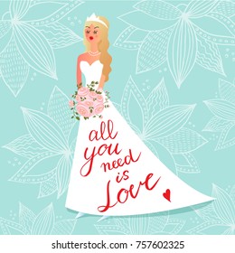 Beautiful cartoon bride in vector. Cute girl in wedding dress of floral background. Romantic design in cartoon style. Save the date invitation in pastel colors