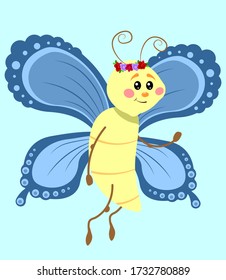 Beautiful cartoon butterfly with blue wings and wreath of flowers . Cartoon vector illustration.