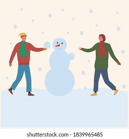 
Beautiful cartoon character snowman boy girl winter. Cheerful cartoon character design over vector background. Children in winter hats, scarves, jackets and boots, make a snowman. Happy New Year