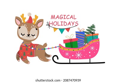 Beautiful cartoon Christmas deer and sleigh with gifts. Vector illustration for the new year. Scandinavian style
