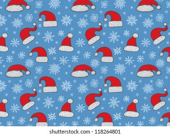 Beautiful cartoon christmas seamless vector pattern in blue and red colors