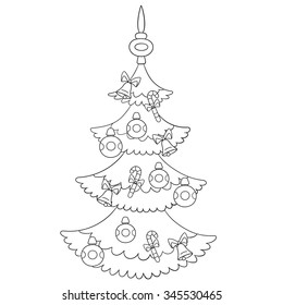 beautiful cartoon Christmas tree with baubles, candies and jingle bells