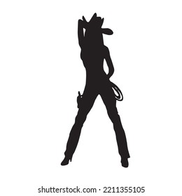 beautiful cartoon cowgirl in western suit vector silhouette on white background