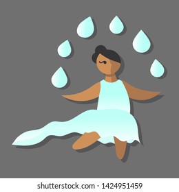 Beautiful cartoon dark skinned girl with black hair and a gradient white and blue dress, symbolising the element of water, with drops over her and shadow, gray background, vector illustration
