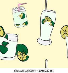 Beautiful Cartoon Detailed Fresh Caipirinhas Cocktail Alcohol Drink Bar Beverage Glass Ice Lime For Summer Graphic Design Pattern on Yellow Background Vector Illustration.