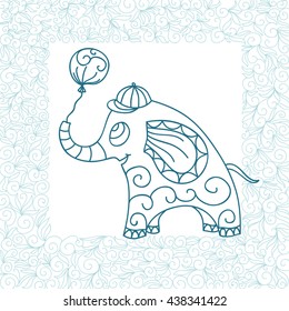 Beautiful cartoon elephant with balloon. Vector illustration.