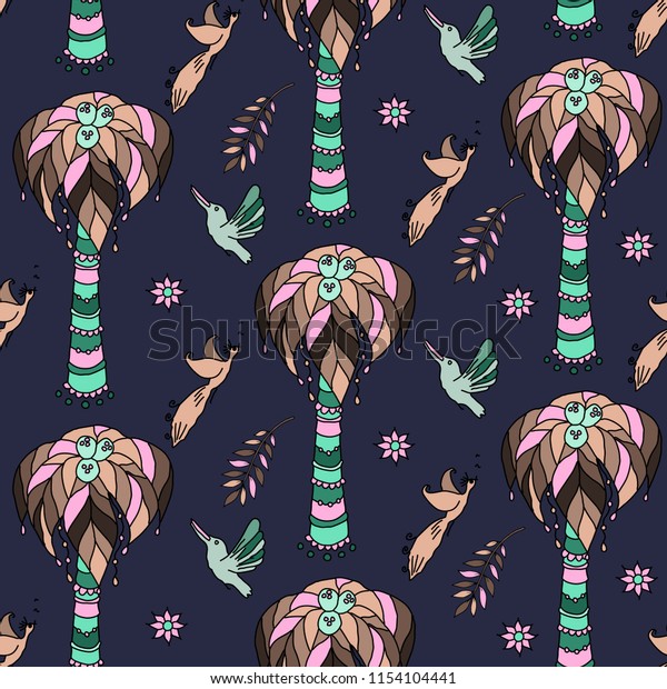 Beautiful cartoon\
ethnic vector seamless pattern background with coconut palm trees\
and birds on the dark\
background