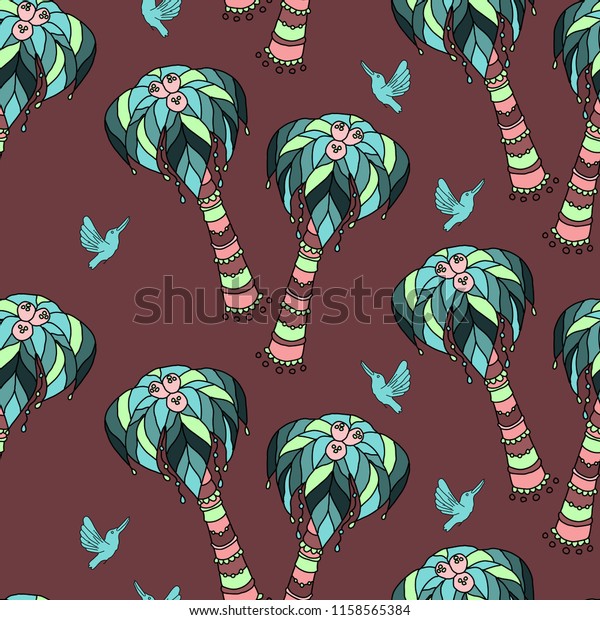 Beautiful cartoon\
ethnic vector seamless pattern background with coconut palm trees\
and birds on the dark\
background