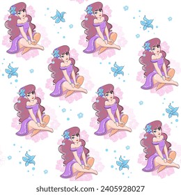 Beautiful cartoon fairy and a pink flowers on a white background seamless pattern. Vector illustration for children