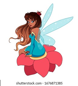 Beautiful cartoon fairy and shiny blue wings  brown hair sitting flower  Hand drawn vector illustration  Isolated white background 