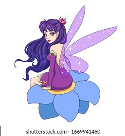 Beautiful cartoon fairy and shiny violet wings  purple hair sitting flower  Hand drawn vector illustration  Isolated white background 