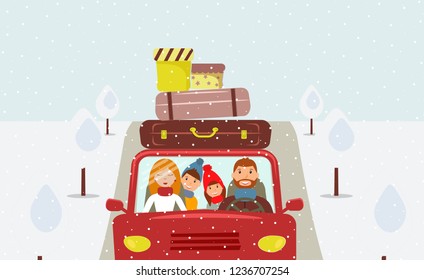 Beautiful cartoon family: young man, woman, son and daughter are going to Christmas vacation. Dad is driving a red car. There are a few suitcases and boxes on the roof of car. Road, trees. Vector 